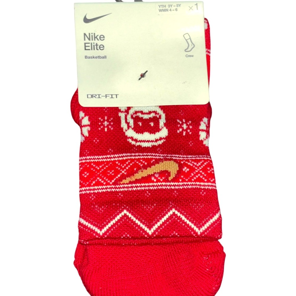Nike Dri-Fit Elite Basketball‎ Crew Socks Youth 3Y-5Y Red Santa Fair Isle Swoosh